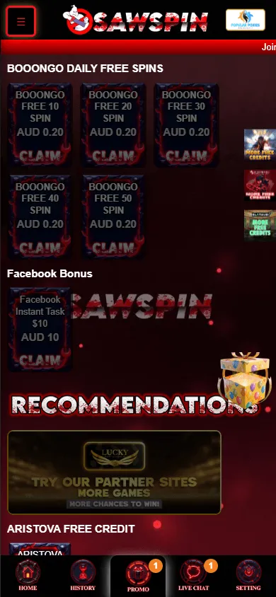 Sawspin Casino promotions screen on a mobile device