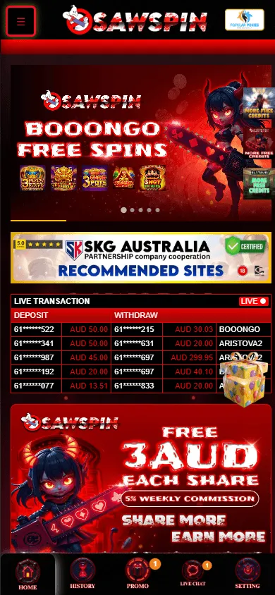 Sawspin Casino home screen on a mobile device